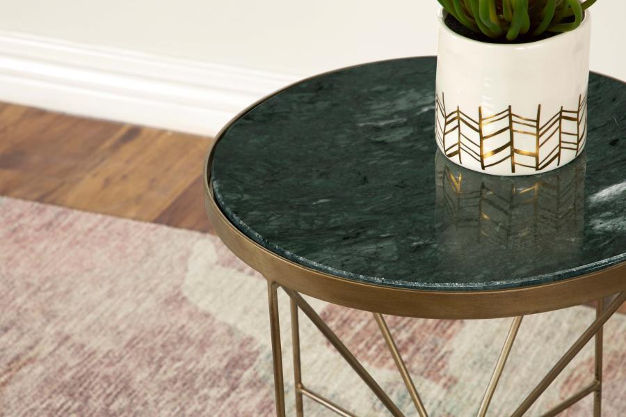 Eliska - Round Accent Table With Marble Top Green And Antique Gold