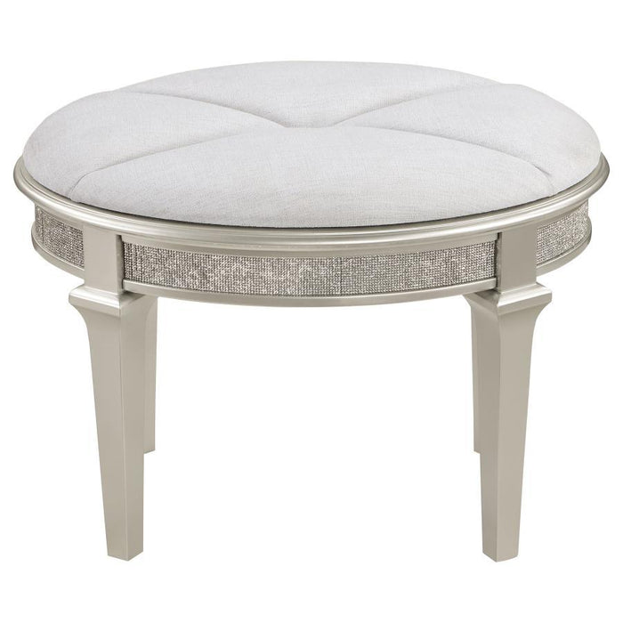 Evangeline - Oval Vanity Stool With Faux Diamond Trim - Silver And Ivory
