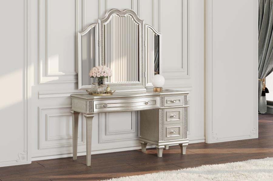 Evangeline - 4-Drawer Vanity Table With Faux Diamond Trim - Silver And Ivory