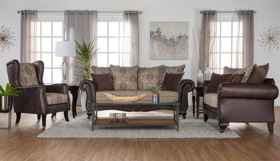 Elmbrook - Upholstered Rolled Arm Sofa Set With Intricate Wood