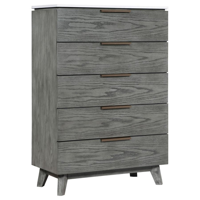 Nathan - 5-Drawer Chest - White Marble And Gray