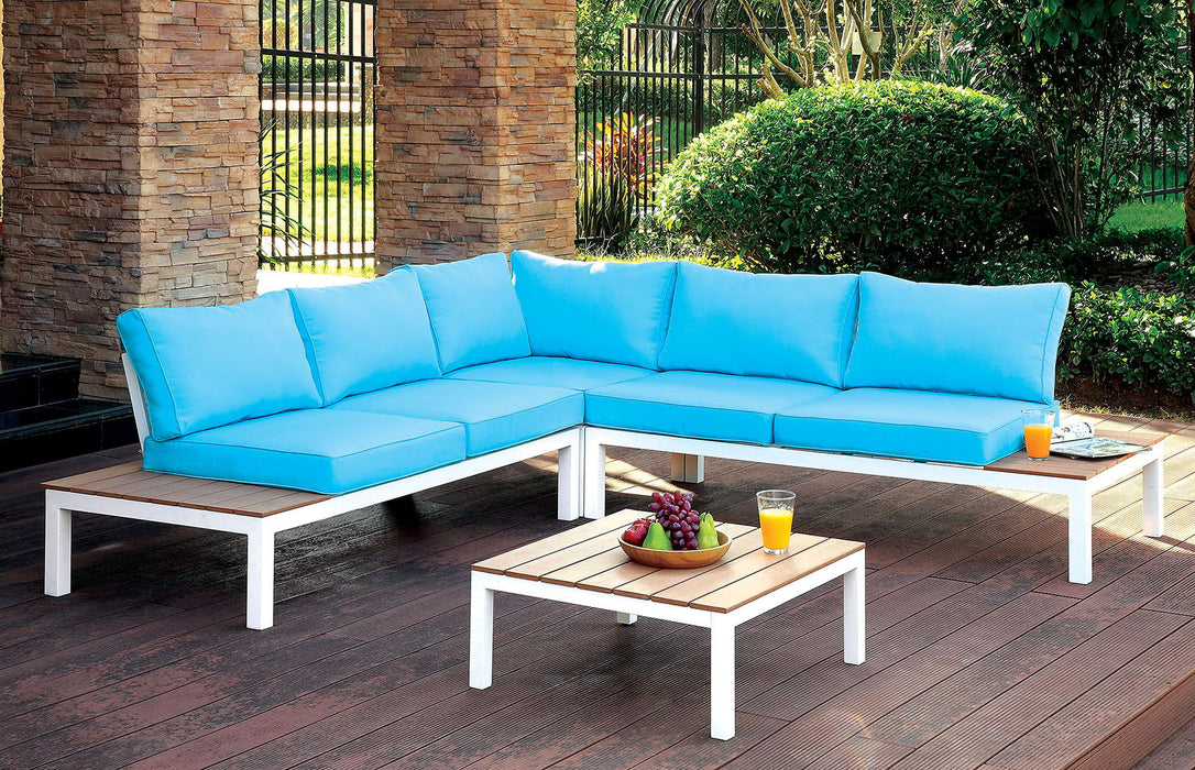 Winona - Patio Sectional With Table - White / Oak / Blue